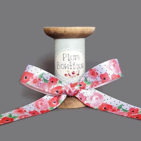 Pink & Coral 'Fleur' Print on White Satin Ribbon, 15mm (9/16in) wide *Sold Per Metre*