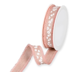 Impresión de flor blanca en cinta blush rose linen-blend con borde con flecos, 25 mm (1 pulgada) de ancho * Se vende por metro *