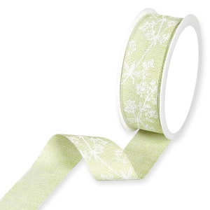 White Wildflowers on Celery Green Silky Textured Ribbon, 32mm (1.25in) wide *Sold Per Metre*