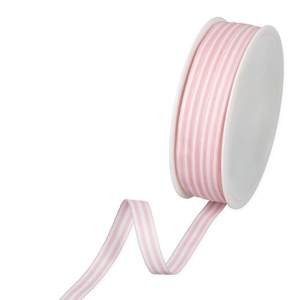 Rose Pink Chambray Ticking Stripe Ribbon, 10mm (3/8in) wide *Sold Per Metre*