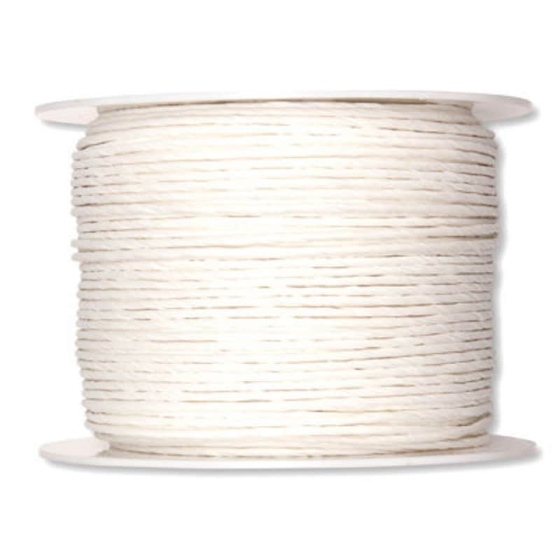 May include: A spool of white paper cord, a type of twine made from paper fibers. The cord is wound tightly around the spool, creating a neat and organized appearance.