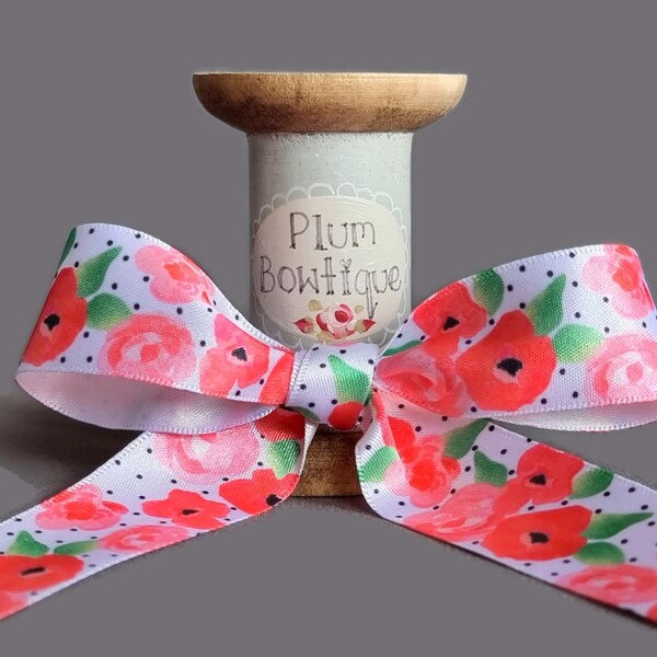 Pink & Coral 'Fleur' Print on White Satin Ribbon, 25mm (1in) wide *Sold Per Metre*