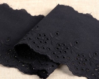 Black "Kimberley" Floral Scalloped Edge Extra Wide Broderie Anglaise Lace Trim, 95mm (3.75in) wide *Sold Per Metre*