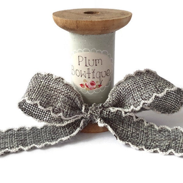 Stormy Grey Faux Burlap Ribbon with White Lace Edge, 25mm (1in) wide *Sold Per Metre*