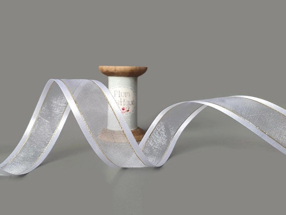 White Sheer Ribbon With Satin Edge and Metallic Gold Stripe, 23mm White Sheer Ribbon With Satin Edge and Metallic Gold Stripe, 23mm