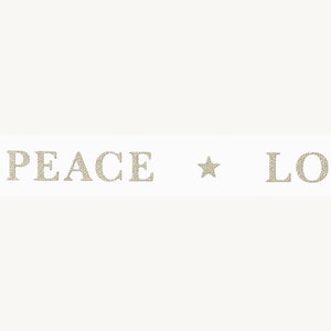 Stampa festiva dorata "Peace Love Noel Joy" su nastro bianco, larghezza 15 mm (9/16 pollici) *Venduto al metro*