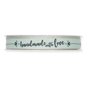 Handgemaakt met Love Script Print op Tranquil Green Textured Ribbon, 15mm (9/16in) breed *Sold Per Meter*