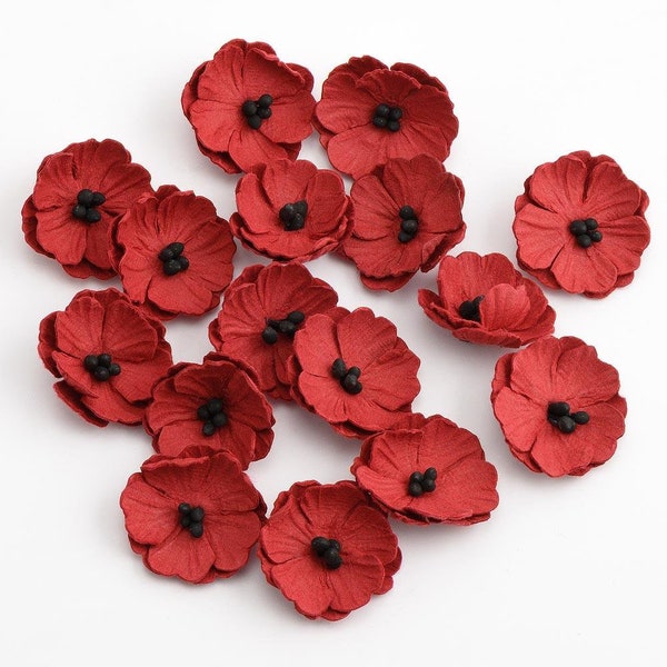 16pc Deep Red Handmade Paper Poppies, 28mm (1 1/8in) wide *Sold Per 16pc Pack*