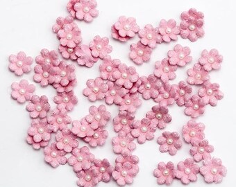 60pc Pink Glitter Handmade Paper Flowers, Mini, 10mm (3/8in) wide *Sold Per 60pc Pack*