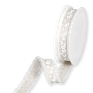 Witte bloesemprint op licht lint van linnenmix met franjesrand, 25 mm (1 inch) breed *Verkocht per meter*