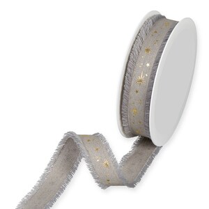 Impresión Gold Galaxy en cinta gris linen-Blend con borde con flecos, 25 mm (1 pulgada) de ancho * Se vende por metro *