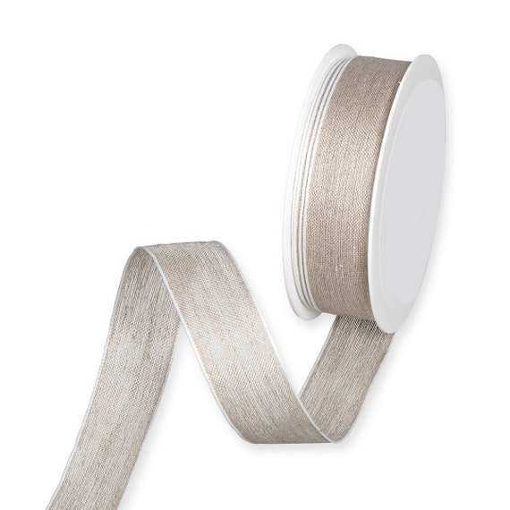 Natural Linen Ribbon with Fine White Margins, Wired Edge, 25mm (1in) wide  *Sold Per Metre*