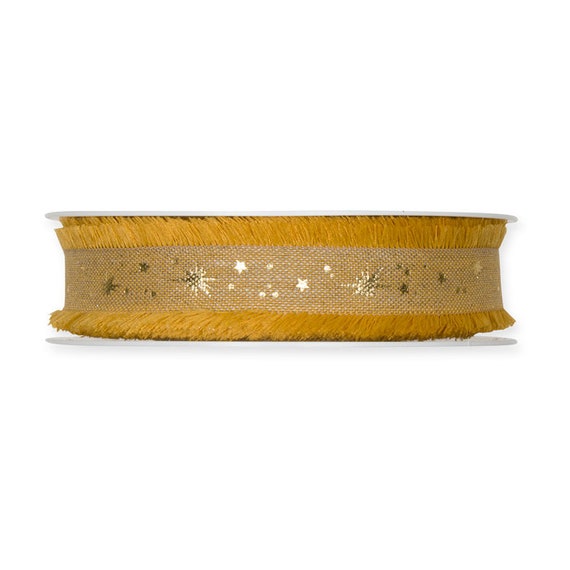 Gold Galaxy Print on Honey Gold Linen blend Ribbon With Fringed