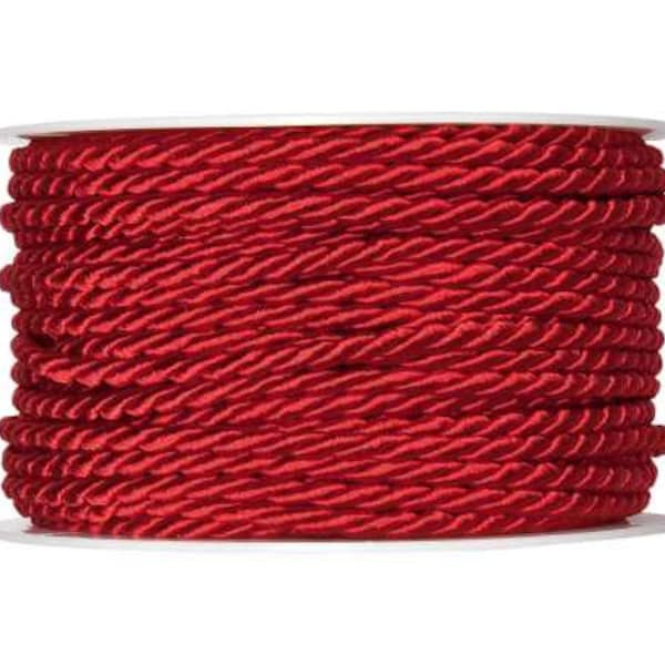 Red Twisted Silky Cord, 4mm (5/32in) thick *Sold Per Metre*