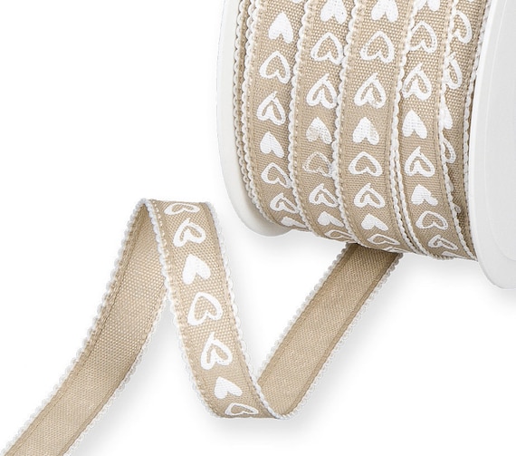 White Rustic Hearts on Natural Beige Ribbon With White Loop-edge, 15mm  9/16in Wide sold per Metre 