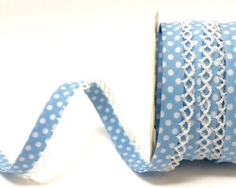 Pale Blue with White Polka Dot Bias Binding with White Lace Edge, Pre-folded 12mm (1/2in) wide *Sold Per Metre*