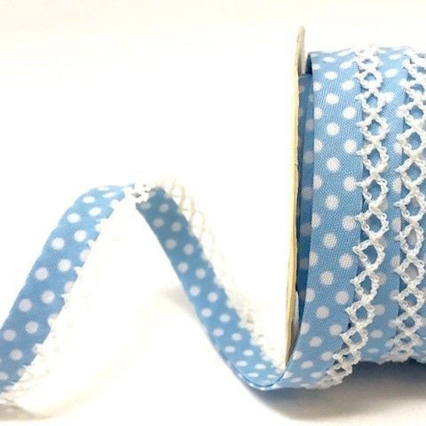 Pale Blue with White Polka Dot Bias Binding with White Lace Edge, Pre-folded 12mm (1/2in) wide *Sold Per Metre*