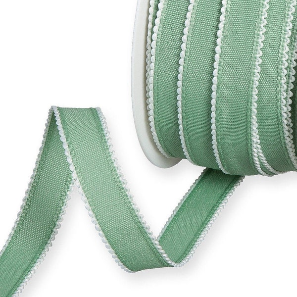 Tranquil Green Woven Ribbon with White Loop-Edge, 15mm (9/16in) wide *Sold Per Metre*