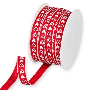 White Rustic Hearts on Red Ribbon with White Loop-Edge, 15mm (9/16in) wide *Sold Per Metre*