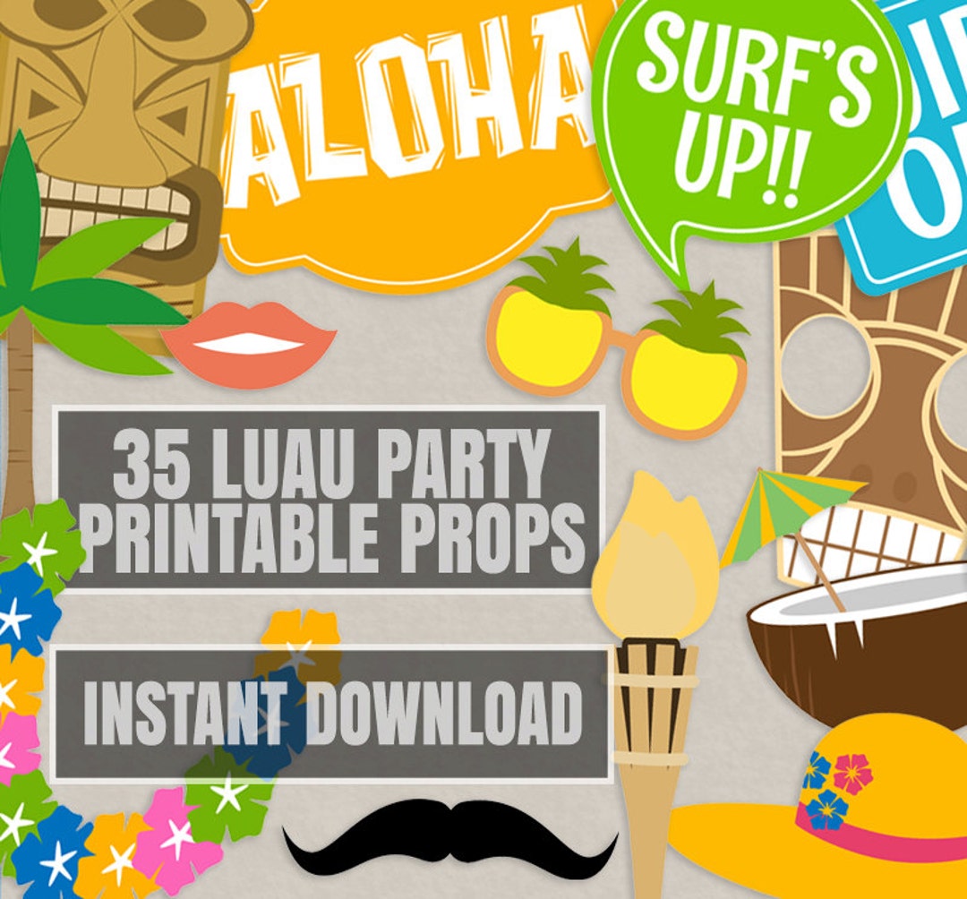 35 Hawaiian Party Props, Luau Printable Photobooth Props, Hawaii Photo