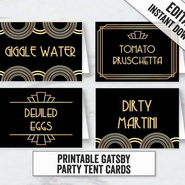 Gatsby Tent Card Printables, Editable 1920s Place cards, Printable Gatsby, Roaring Twenties Printable tent cards, Printable 1920s diy, GG1