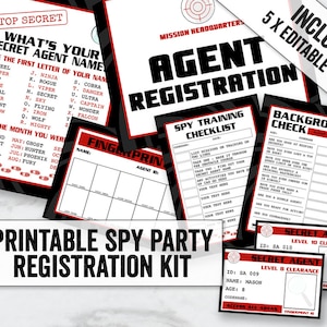 Spy Party Printables, Editable Secret Agent Party Registration Kit, Kid&#39;s party ids, fingerprinting, editable become a spy printables, SA1
