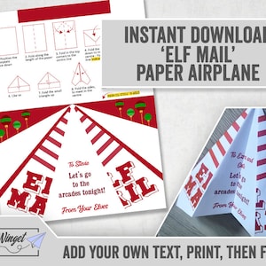 Afdrukbare papieren vliegtuig elf sjabloon, bewerkbare kerst elf vliegtuig kaartsjabloon, DIY kerst elf kaart, digitale download elf DIY kaart