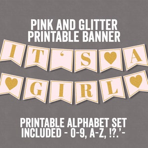 Baby Shower Party Printable Set, Banner, Pink and Gold It's a Girl Baby ...