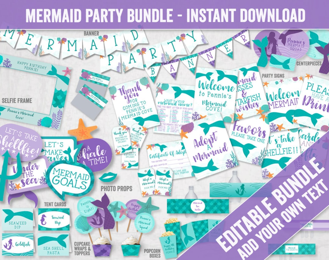 Editable Mermaid Party Bundle, Printable DIY Mermaid Party Pack ...