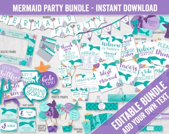 Editable Mermaid Party Bundle, Printable DIY Mermaid party pack, Printable mermaid party set, girl's party ideas, editable mermaid set, ME1