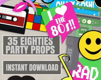 35 Eighties Printable Party Photo Booth Props, 80s photo props, I love 80s, rad photo booth props, eighties party props, instant download