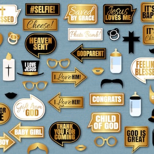 40 Printable Christening Props, Gold Fun Baptism Selfie Props ...