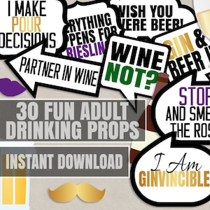 30 Drinking Photo Booth Props, Adult drinking printables, wine photo booth props, beer adult party props, alcohol props instant download