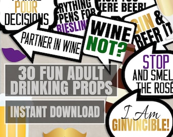 30 Drinking Photo Booth Props, Adult drinking printables, wine photo booth props, beer adult party props, alcohol props instant download