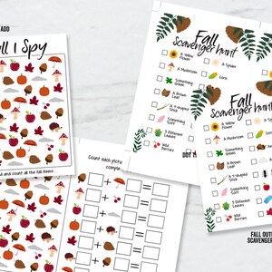 May include: Printable fall-themed activity sheets for kids. The sheets include a "Fall I Spy" game with a list of fall items to find and count, a "Fall Scavenger Hunt" checklist with items like acorns, leaves, and spiders, and a math worksheet with addition problems.