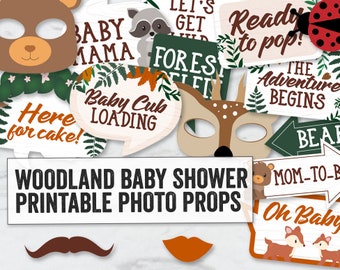 30 leśnych rekwizytów do fotobudki na baby shower, do wydrukowania leśne rekwizyty na baby shower, cyfrowe pobieranie leśnych rekwizytów do selfie na baby shower WLB1