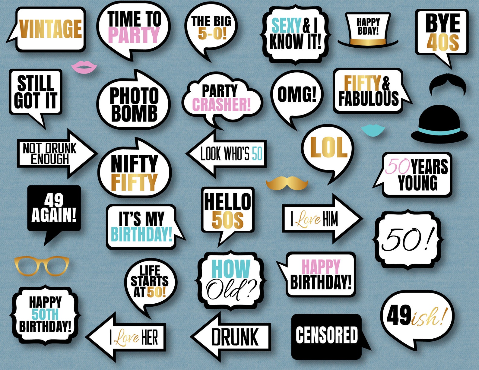 35 50th Birthday Photo Booth Printable Props Fiftieth Party - Etsy