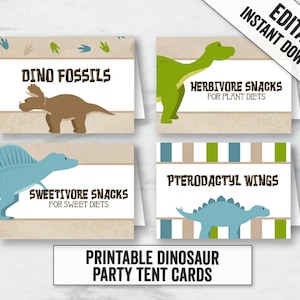 May include: Four printable dinosaur party tent cards with different dinosaur illustrations and text. The cards are beige with green and blue stripes. The text on the cards reads: "Dino Fossils", "Herbivore Snacks for Plant Diets", "Sweetivore Snacks for Sweet Diets", and "Pterodactyl Wings".