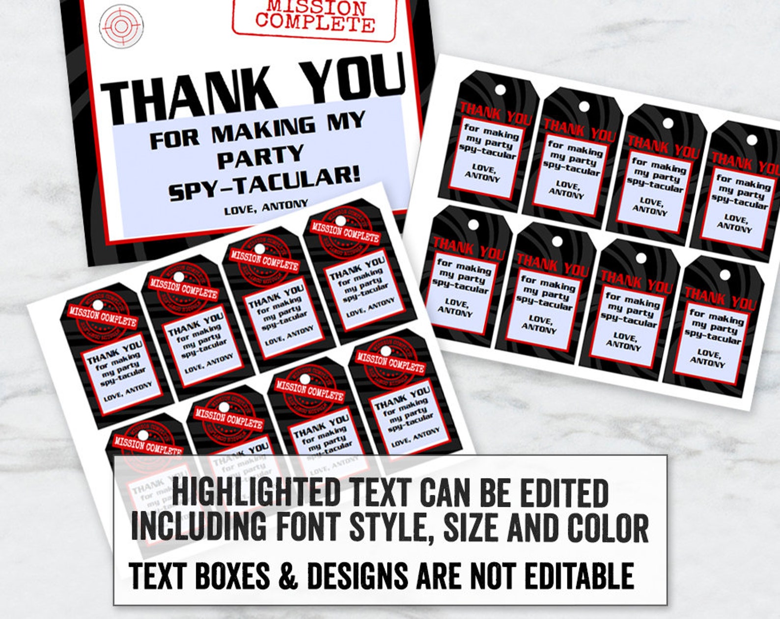 Printable Spy Party Tags Editable Secret Agent Thank You - Etsy