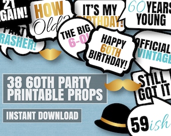 38 60th Birthday photo booth printable props, sixtieth party, black white, sixty years old photobooth props for birthday party, 60 years