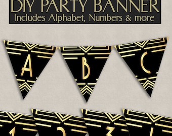 Könnte beinhalten: DIY Party-Banner mit schwarzen und goldenen Dreiecksflaggen mit den Buchstaben A, B, C, den Zahlen 1, 2, 3 und einem Ausrufezeichen.  Enthält Alphabet, Zahlen & mehr.