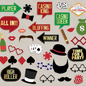 May include: A set of 20 printable casino party photo booth props. The props include a variety of casino-themed images, such as playing cards, dice, poker chips, and money bags. The props also include text such as "Casino King", "Casino Queen", "All In", "High Roller", "Winner", and "Time for a Party".