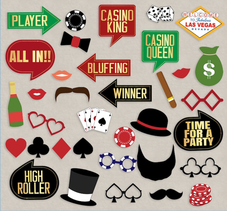 May include: A set of 20 printable casino party photo booth props. The props include a variety of casino-themed images, such as playing cards, dice, poker chips, and money bags. The props also include text such as "Casino King", "Casino Queen", "All In", "High Roller", "Winner", and "Time for a Party".