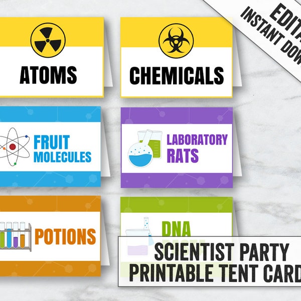 Science Tent Card Printables, Editable science party place cards tents, editable food tent cards, mad scientist party food tents cards, SC1