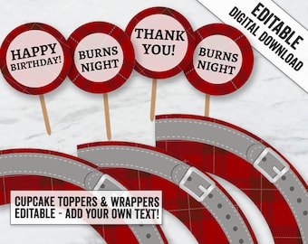 Tartan Cupcake toppers and wrapper printables, editable Scottish party cupcake toppers, Tartan red themed party cupcake toppers, SL1