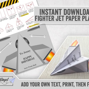 Plantilla de avión de papel Fighter Jet, plantilla de tarjeta de avión de combate editable, tarjeta de avión imprimible divertida, descarga digital, tarjeta plegada DIY