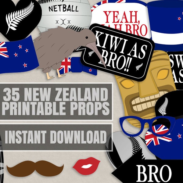 35 Neuseeland Photobooth Requisiten, Kiwi Motto Party Requisiten, ich liebe Neuseeland Party, Kiwi Photobooth Zeichen, Kiwi Flagge, Neuseeland Requisiten