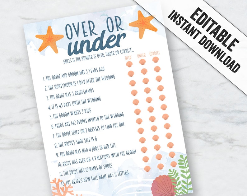 Editable Bridal Shower Beach Themed Games Over or Under Etsy
