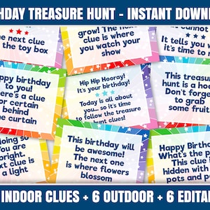 Printable Birthday Day Treasure Hunt Clues, Birthday Rainbow Themed Scavenger Hunt printable, 36 treasure hunt indoor clues for birthdays