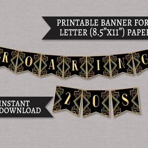 May include: Printable banner for a roaring 20s party. The banner is black with gold geometric designs and the words "Roaring 20s" in gold letters. The banner is designed to be printed on 8.5 x 11 inch paper.